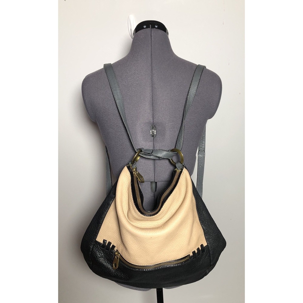 OrYany Leather Backpack Shoulder Bag Purse Black Tan Colorblock Boho Pebbled - Picture 4 of 14